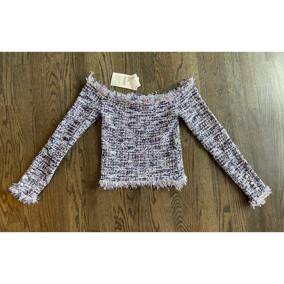 NWT ZARA Tweed Frayed Off-Shoulder Blue Pink Sweater Top Small - Picture 7 of 8